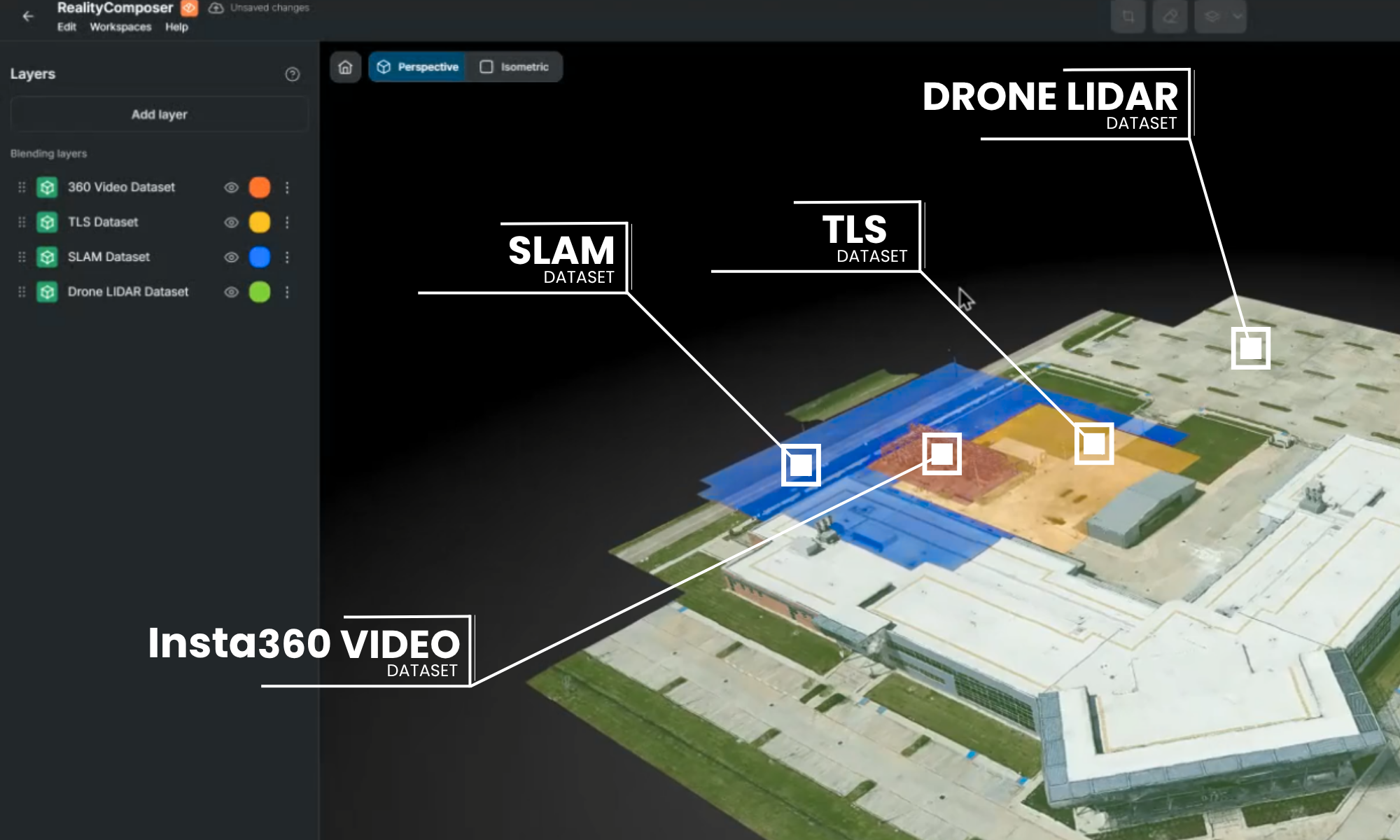 A screenshot of the Prevu3D platform highlighting the synchronization of Insta360 reality capture data with existing 3D layout layers for industrial site management.